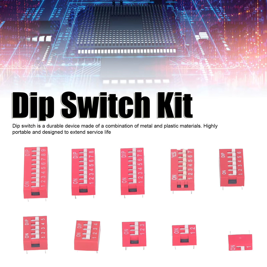 Qiilu 45-teiliges Dip-Schalter-Sortiment-Set in Rot mit 1 bis 9 Polen und 2,54 mm Raster für Schaltkreis-Steckplatinen - Bild 2