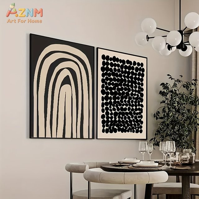 AZNM Abstraktes geometrisches Leinwand-Wandbild in Schwarz und Beige im Mid-Century Modern Stil - Bild 1