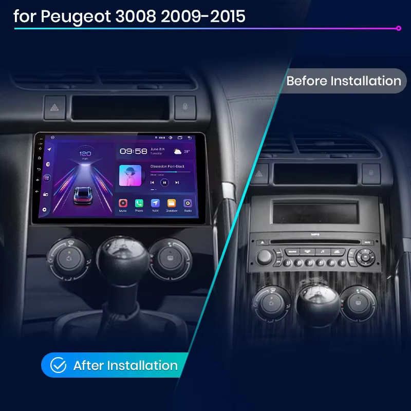 Junsun Android Auto Multimedia Radio für Peugeot 3008 mit kabellosem CarPlay, GPS, Navi und DSP in Schwarz - Bild 2