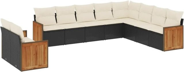 vidaXL 10-tlg. Garten-Sofagarnitur aus Polyrattan in Schwarz mit cremeweißen Kissen und Akazienholz-Elementen - Bild 1