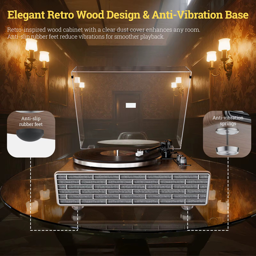 XJ-HOME XJ-H02 Vinyl-Plattenspieler in Braun mit Bluetooth und 4 integrierten Stereo-Lautsprechern sowie RCA Line Out und AUX In - Bild 5