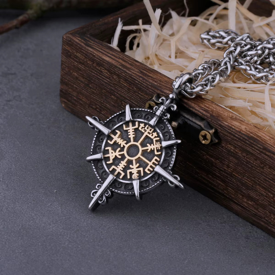 Halskette Vegvisir Kompass, Edelstahl, Silber, Herren, Anhänger - Bild 2
