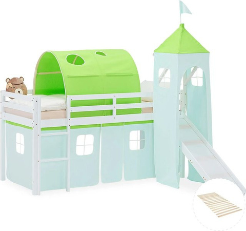 Homestyle4u Kinder Hochbett mit Rutsche und Treppe aus Kiefernholz, Grün, B/T/H: 200 x 90 x 217,5 cm