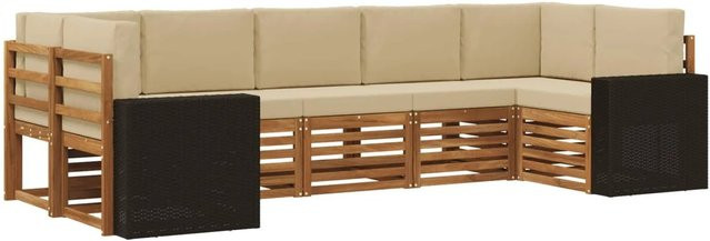 vidaXL Ecksofa Set in L-Form aus Akazienholz und Polyester in Natur-Beige mit 7 Kissen und Armlehnen - Bild 1