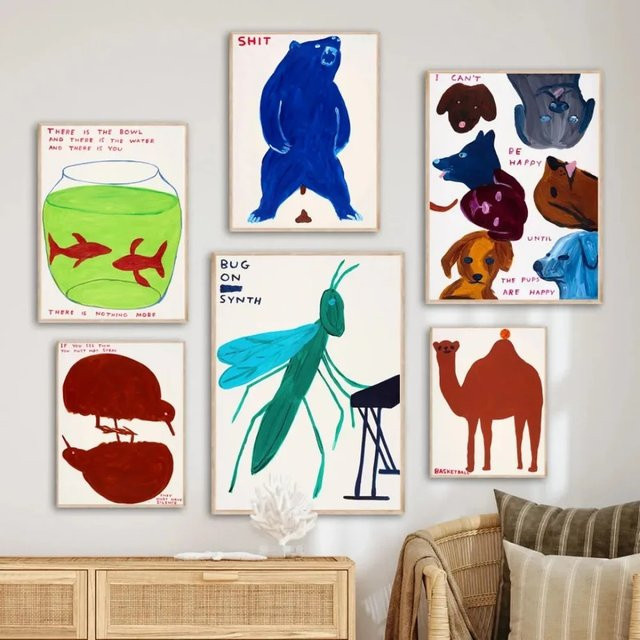 Potdemiel Wandkunst Leinwandmalerei David Shrigley mit Kamel, Bär, Fisch, Hund und Vogel im Nordic-Stil, Mehrfarbig, Rechteckig - Bild 1