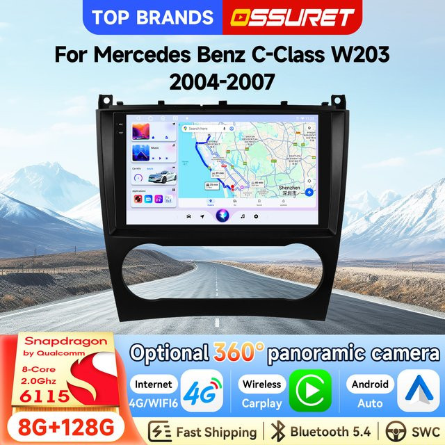 OSSURET 9 Zoll Android 15 Autoradio für Mercedes-Benz C-Klasse W203 und CLC-Klasse W203, 2 DIN Head Unit mit DSP, SWC, Wireless CarPlay, Android Auto und 4G LTE, Schwarz - Bild 1