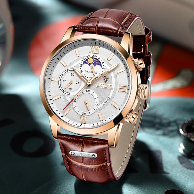 LIGE Chronograph Herrenuhr, Quarz, Leder, Roségold, Datum, Braun - Bild 1