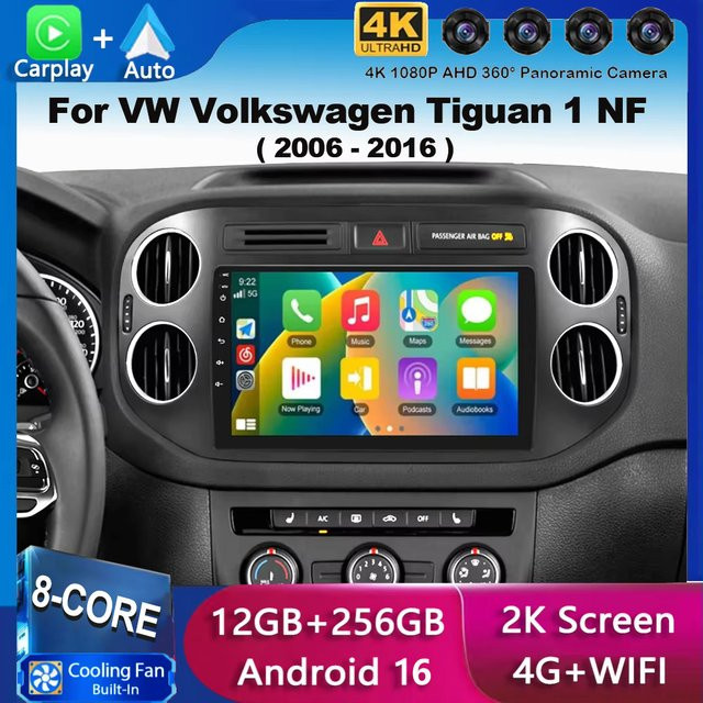 Android 16 Autoradio mit Carplay und GPS für VW Volkswagen Tiguan, Schwarz - Bild 1