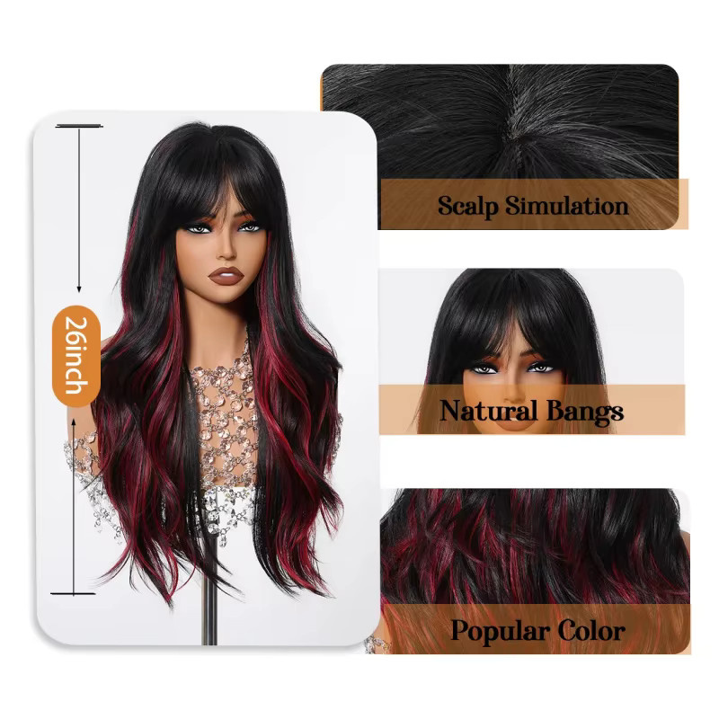 Suri Hair Perücke, lang gewellt, schwarz-rot, mit Pony, Damen - Bild 4