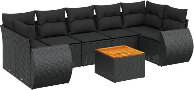 vidaXL 8-tlg Garten-Sofagarnitur in L-Form aus Polyrattan und Akazienholz mit Kissen, Schwarz - Bild 1