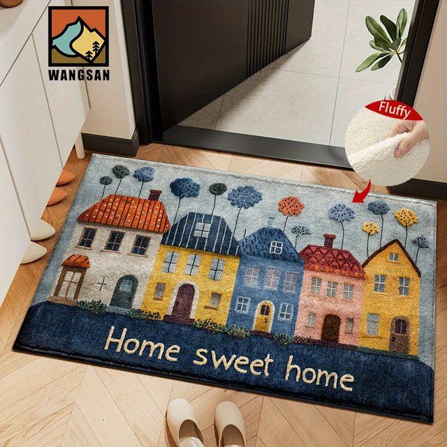VIKAMA Fußmatte Sweet Home im 2D Cartoon Design, Rot Blau Multicolor, Teppich für Wohnzimmer, Bad oder Schlafzimmer - Bild 1