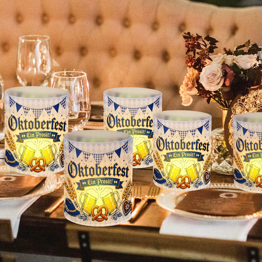 12 Stück Kerzenlampenschirme im Oktoberfest-Design mit blau-weiß kariertem Muster, Bierkrügen und Brezeln, Farbe: Blau-Weiß/Mehrfarbig, Durchmesser: 27 cm - Bild 4