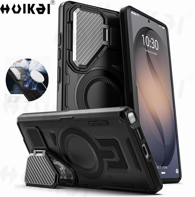 Huikai Schutzhülle für Samsung Galaxy S25 Ultra mit MagSafe, integriertem Kameraschutz und Standfunktion, Stoßfestes Rugged Bumper Case in Schwarz - Bild 1