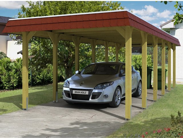 Skan Holz Carport Spreewald aus Nadelholz mit grüner Blende und flacher Dachform, B: 893 cm, T: 345 cm - Bild 1