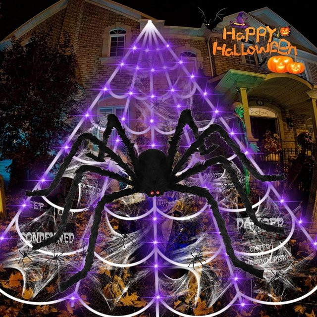 Peach Forest Halloween Spinnennetz mit 200 lila LEDs und großer Spinne zur Dekoration für Haus und Garten - Bild 1