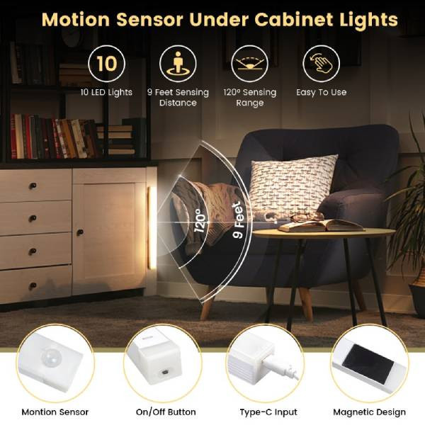 SHIJIN Light LED Unterschrankleuchten mit Bewegungsmelder und Magnetfunktion, wiederaufladbar, Weiß, 2er-Pack, Länge: 20,3 cm - Bild 2