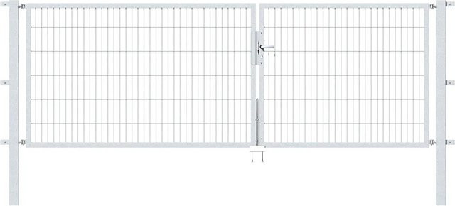 Verzinktes Metallzaun Doppeltor für Doppelstabmatten in Silber zur Einbetonierung, Breite: 350 cm, Höhe: 120 cm - Bild 1