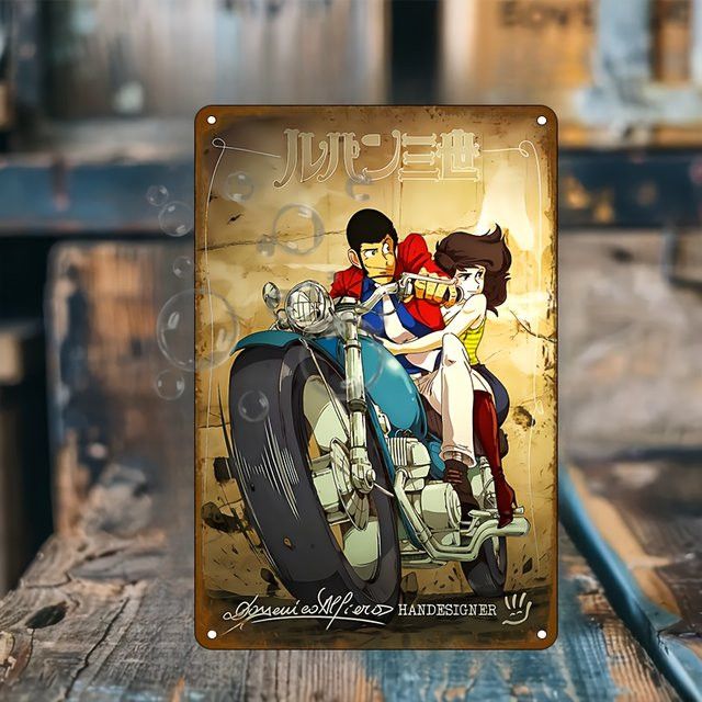 Langya Retro Anime Motorrad Wandkunst aus Metall mit Cartoon-Figuren, B/H: 20 x 14 cm - Bild 1