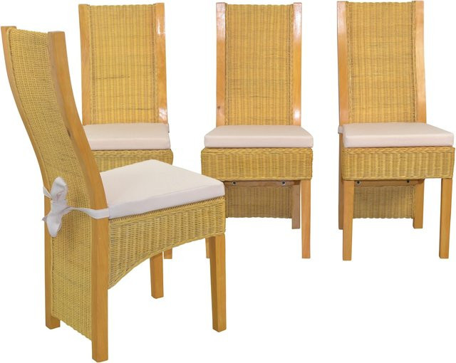 Möbel direkt online Rattanstuhl 4er-Set mit Sitzkissen aus Pinien-Massivholz in Beige - Bild 1