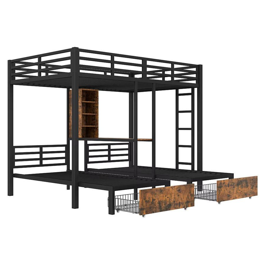 KOMHTOM 3-in-1 Etagenbett für 3 Personen aus Metall mit Seitengittern, Staufächern, 2 Schubladen und Regalen, Schwarz, B/T/H: 140 x 200 cm + 90 x 200 cm - Bild 3