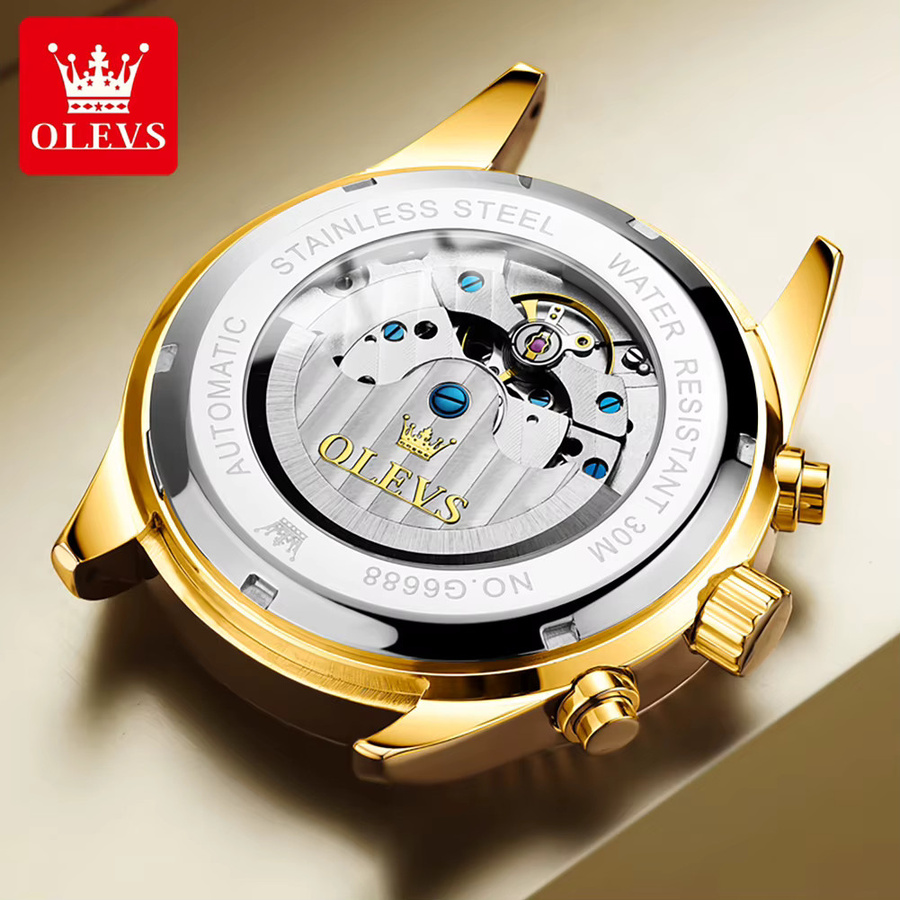 OLEVS Armbanduhr Automatik, Edelstahl, Gold, Bicolor, Mondphasen-Uhr, Herren - Bild 4