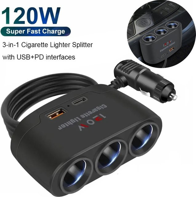 3-in-1 Dual USB 120W Auto Zigarettenanzünder Adapter mit Schnellladegerät für 12V und 24V in Schwarz - Bild 1
