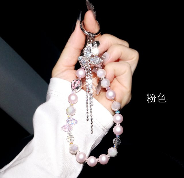 Handykette Kristall, Hasenohr, Strass, Quasten, gefrostete Perle - Bild 1