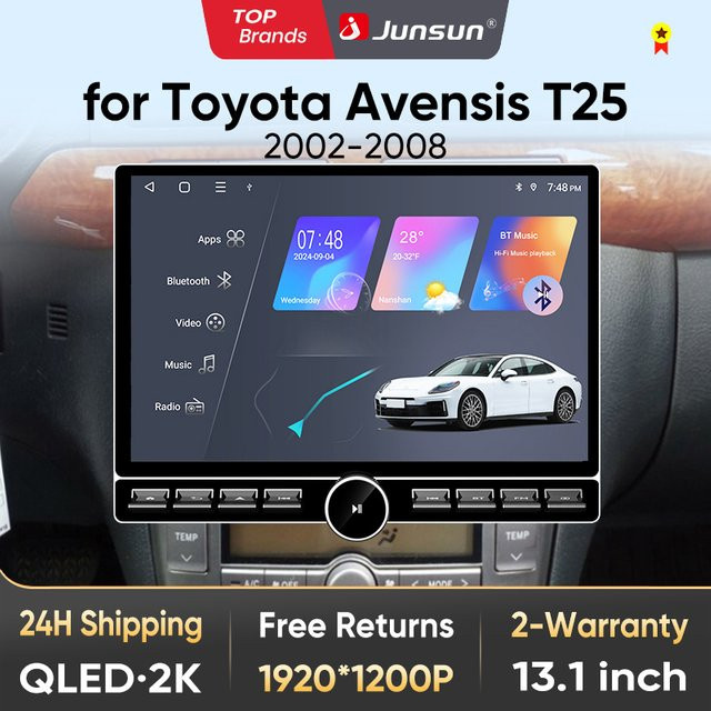 Junsun QLED Wireless CarPlay Android Auto Autoradio für Toyota Avensis T25 2002-2008 mit 13,1 Zoll Display, GPS und DSP in Schwarz - Bild 1