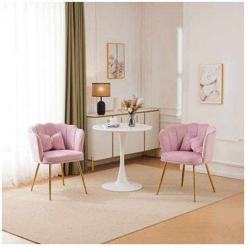 Stuhl MUVOE in Blütenform aus rosa Samt mit geriffelter Chesterfield-Rückenlehne und goldfarbenen Metallfüßen - Bild 1