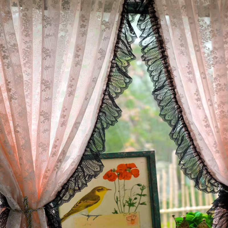 AiFish Jacquard-Vorhang mit floralem Spitzenmuster in Schwarz und Rosa, transparent, Shabby Chic Design - Bild 5