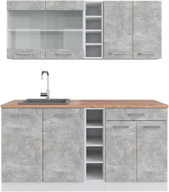 Vicco R-Line Singleküche in Beton-Optik und Weiß mit Eiche-Elementen, Breite: 160 cm - Bild 1