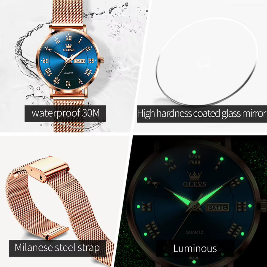 OLEVS Armbanduhr Quarz, Edelstahl, Roségold, Grün, Damen - Bild 6