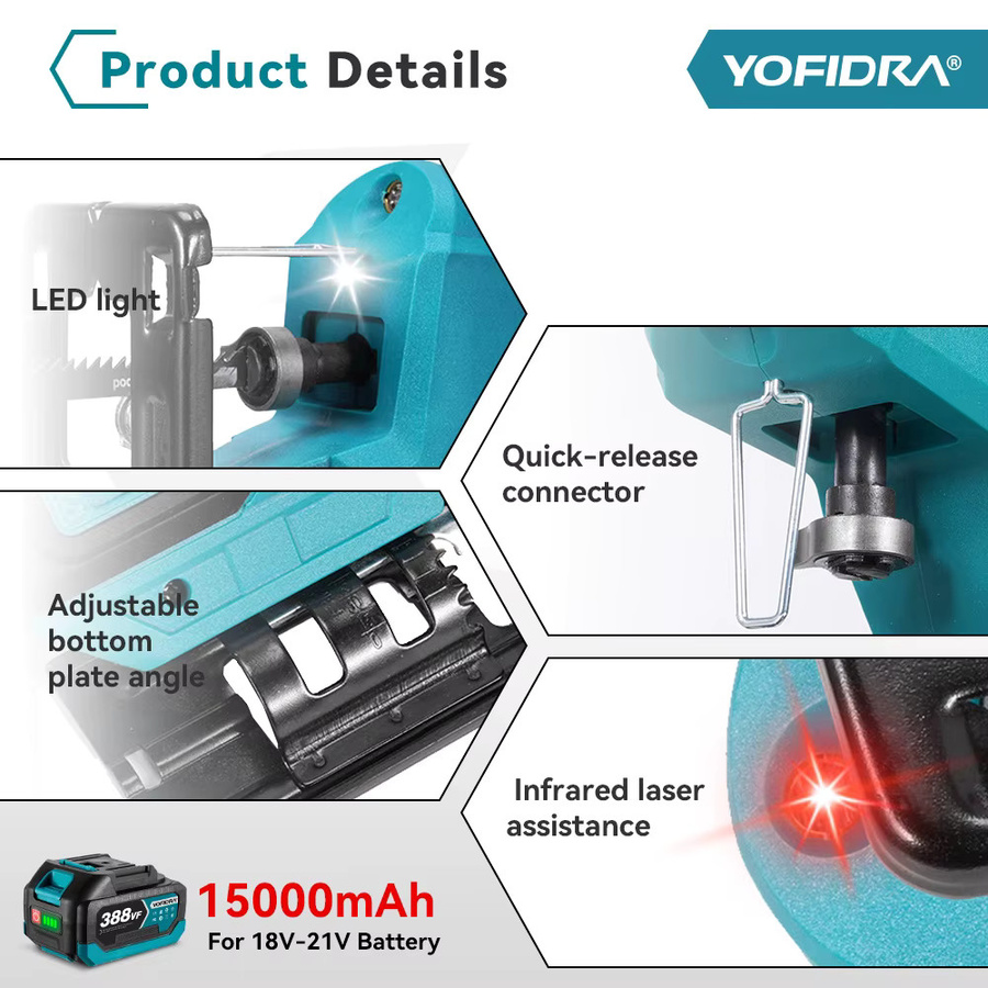 YOFIDRA Bürstenlose elektrische Stichsäge mit Infrarot-Laser für Holzbearbeitung, kompatibel mit Makita 18V Akku, 3800rpm - Bild 5