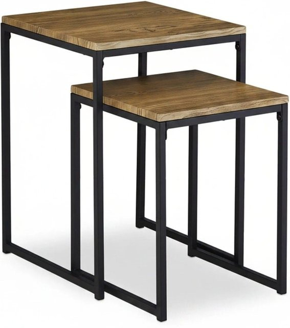Relaxdays Beistelltisch 2er Set im Industrial Design aus Eisen und MDF, Schwarz und Hellbraun, stapelbar, B/T/H: 54 x 40 x 40 cm und 42 x 34 x 34 cm - Bild 1
