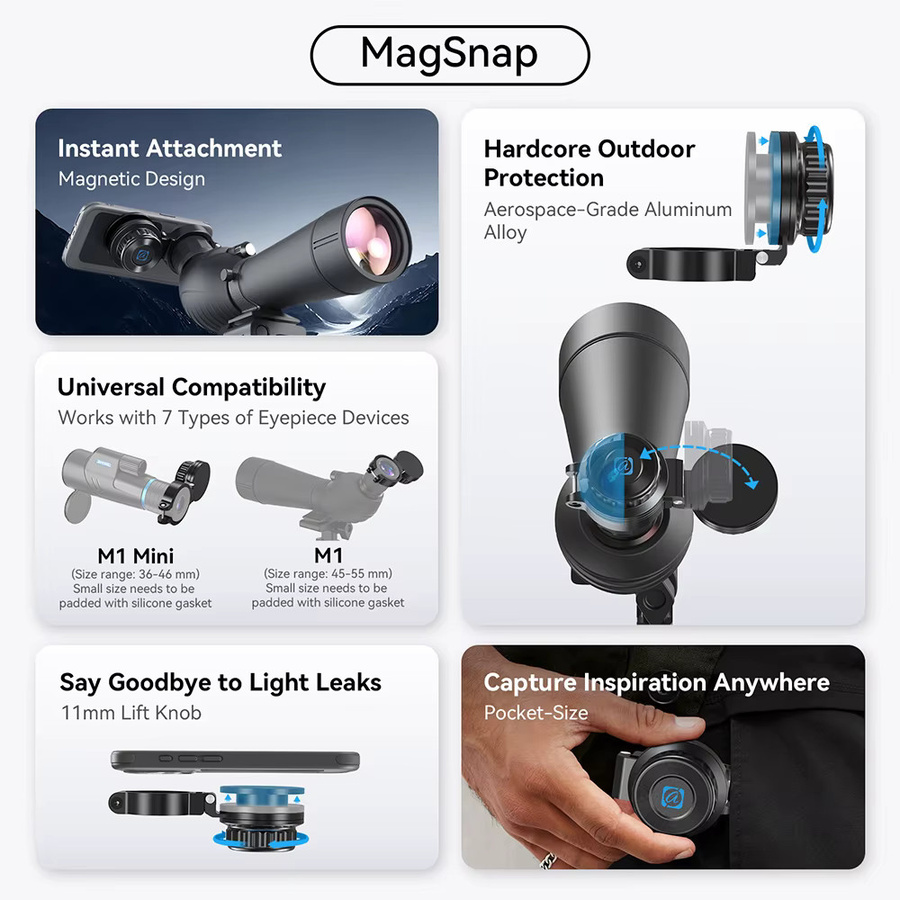 APEXEL Magnetischer Telefonclip Okularadapter aus Aluminiumlegierung in Schwarz für Teleobjektiv-Halterungen (36-46mm / 45-55mm) - Bild 4