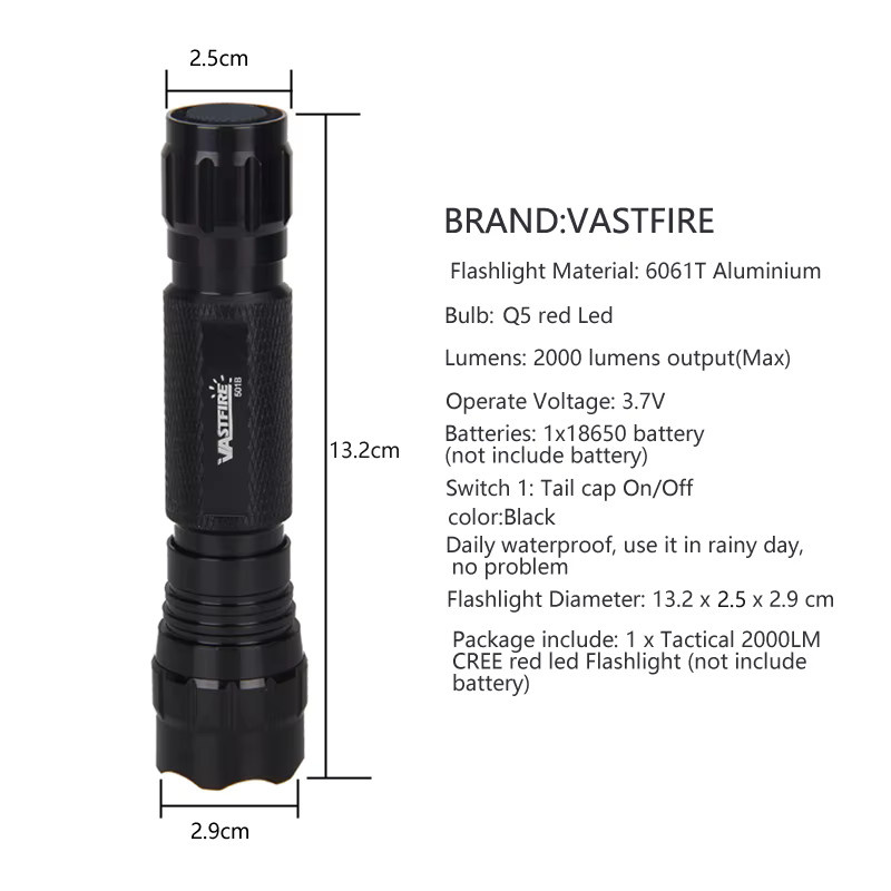 VASTFIRE Taktische LED Taschenlampe mit rotem Licht, High Power Scheinwerfer für Jagd und Nacht, Schwarz/Rot - Bild 6