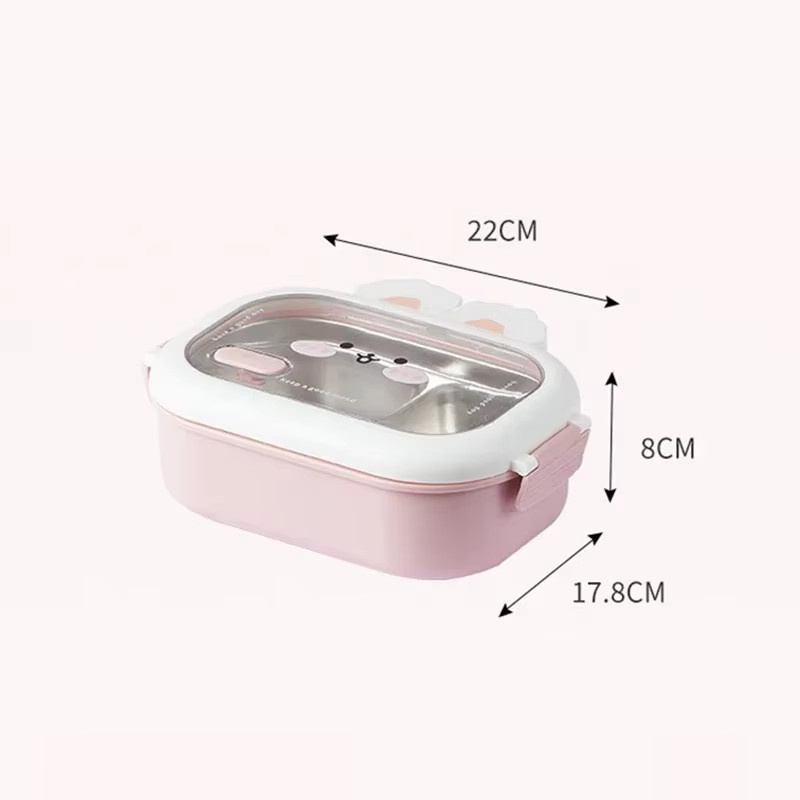 JUSTINLAU Edelstahl-Bento-Box mit Kaninchen-Design in Pink, geteilte Lunchbox mit Trennfächern und Verschlussclip für Kinder und Studenten - Bild 2