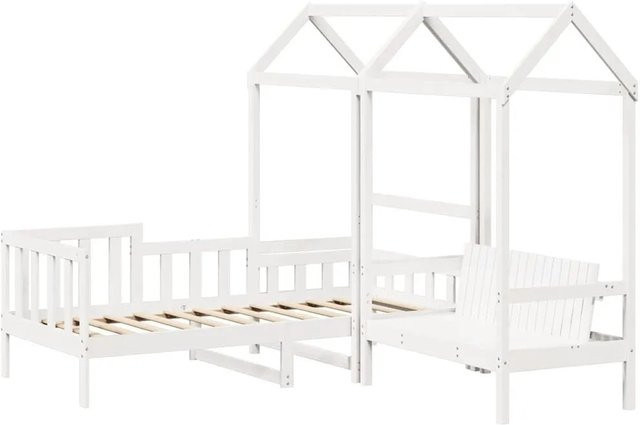 vidaXL Tagesbett mit Bettdach und Bank aus massivem Kiefernholz in Weiß, B/T/H: 80 x 200 x 220 cm - Bild 1