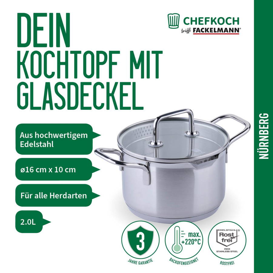 Fackelmann Chefkoch Kochtopf mit Glasdeckel aus Edelstahl und Aluminium, Silber, Durchmesser: 16 cm - Bild 3