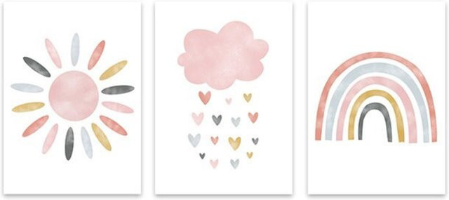 TPFLiving Poster Leinwand für das Kinderzimmer mit Sonne, Wolken, Herzen und Regenbogen in Multicolour, B: 21 cm, H: 30 cm - Bild 1