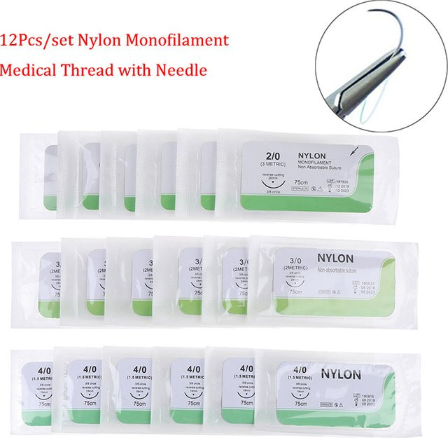12er Set Chirurgisches Nadel-Naht-Set mit Nylon-Faden für medizinische Demonstrationen und Lehrzwecke, Größen 2,0/3,0/4,0, steril - Bild 1