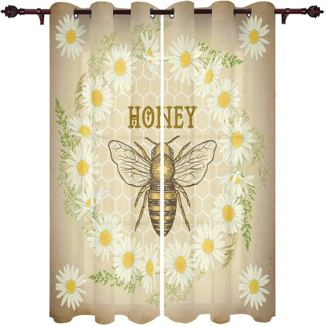 Super Six Volantvorhang mit Bienen-Cartoon-Motiv in Beige, semi-transparent, Breite: 135 cm, Höhe: 60 cm - Bild 1