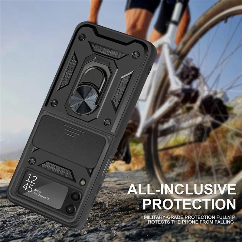 Armor Stoßfeste Hülle für Samsung Galaxy Z Flip 5 mit Magnetischem Ringhalter Ständer und Schiebe-Objektivabdeckung in Schwarz - Bild 2