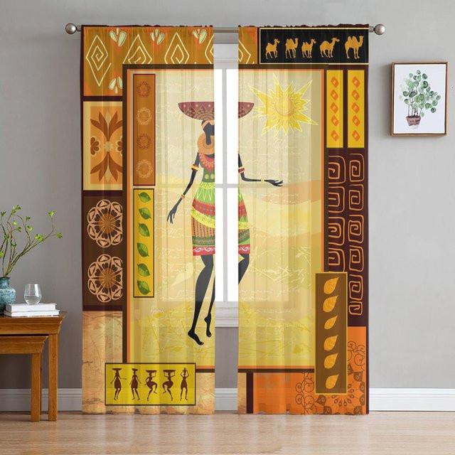 Transparente Organza-Vorhänge mit afrikanischem Motiv in Orange, Breite: 135 cm, Höhe: 115 cm - Bild 1