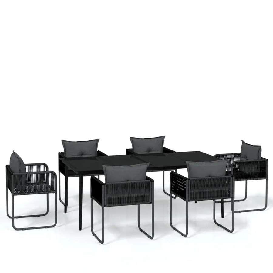 vidaXL 7-teilige Garten-Essgruppe in Schwarz mit Tisch aus gehärtetem Glas und Stühlen aus Rattan und pulverbeschichtetem Stahl - Bild 2