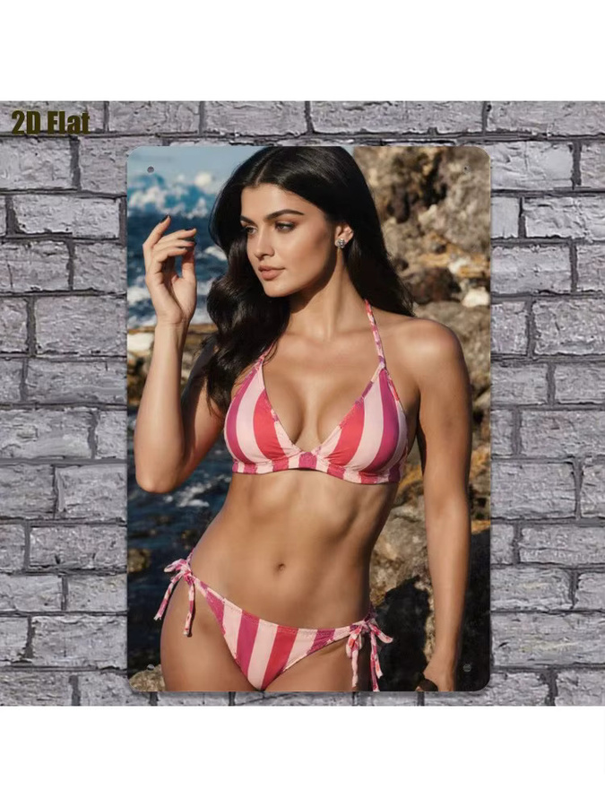 HELLOYOUNG 2D-Metallschild Retro-Strand-Wandkunst mit rosa-weiß gestreifter Bikini-Frau an der Felsenküste für dein Zuhause oder Büro - Bild 3