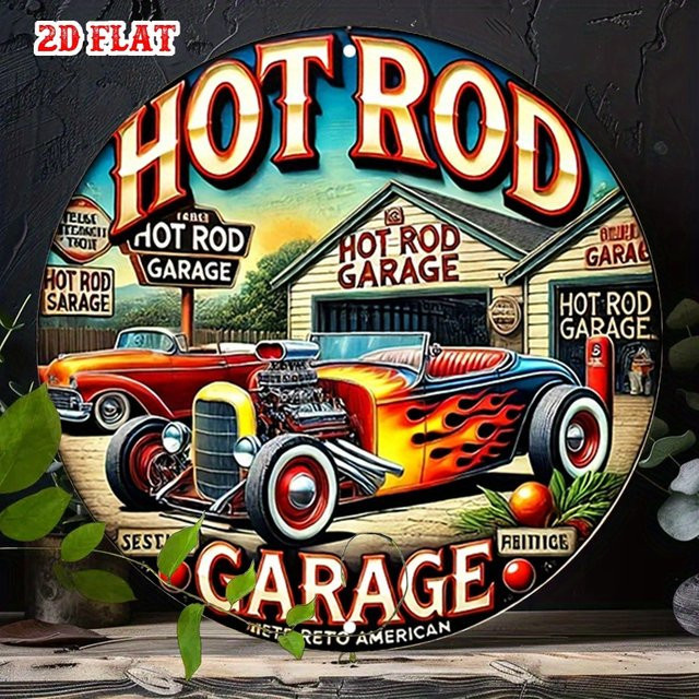 Potdemiel Vintage Hot Rod Garage Rundes Aluminiumschild mit Flaming Flames Retro-Metallwandkunst in Mehrfarbig - Bild 1