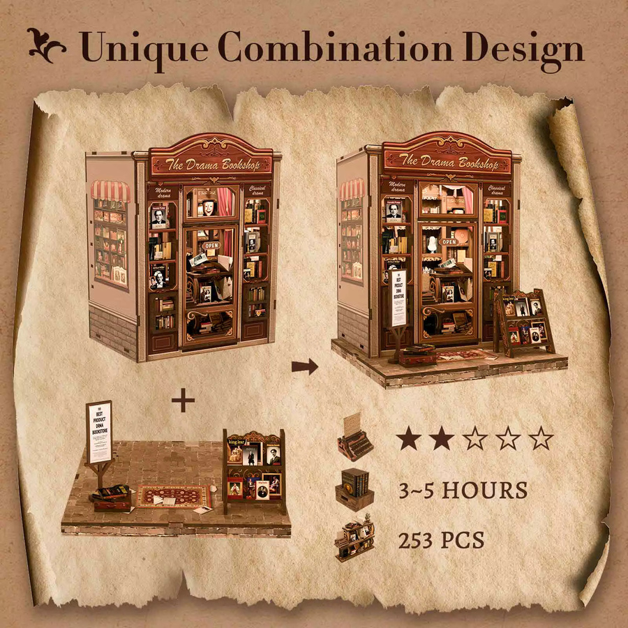 CUTEBEE 3D Holzpuzzle-Buchnischen-Set, Miniatur-Hausmodell, mit LED-Lichtern - Bild 3