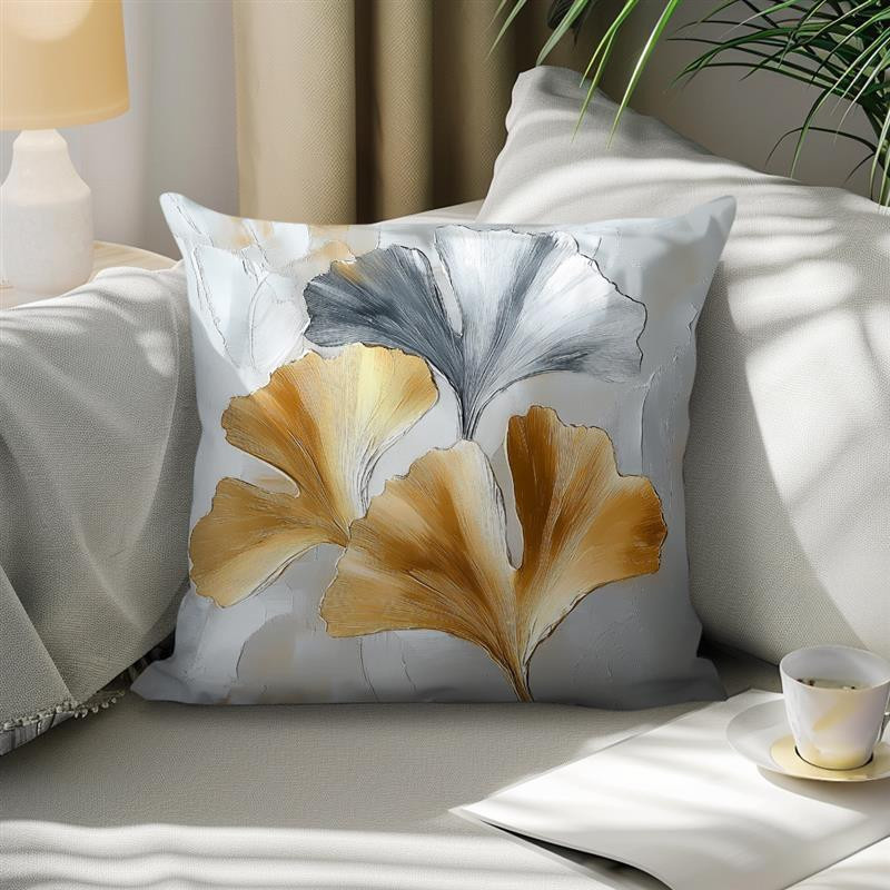 Dekokissenbezug mit abstraktem Blumen- und Ginkgoblätter-Motiv in Ölmalerei-Optik, Peach Skin, B/H: 18 x 18 cm - Bild 3