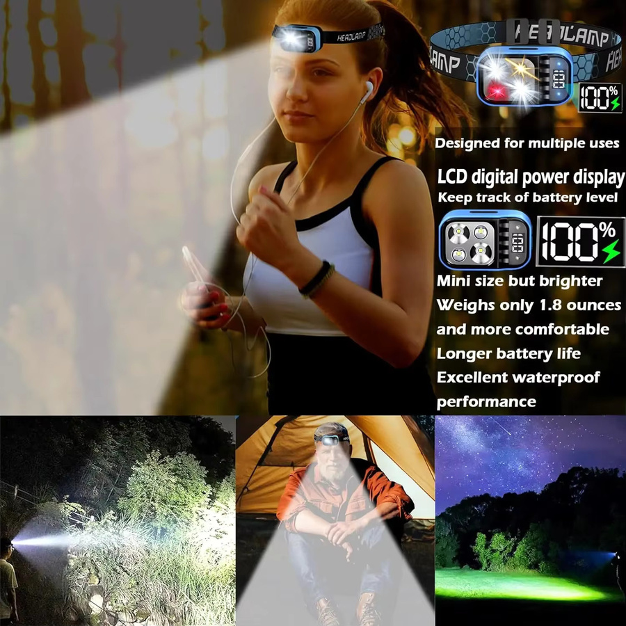 XIWANGFIRE Wiederaufladbare Sensor-Stirnlampe mit 1500 lm LED, weißes und rotes Licht, wasserdicht für Camping, Wandern und Notfälle - Bild 3